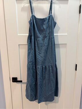 Lucky Brand Blue Tiered Midi Dress with Ruched Straps